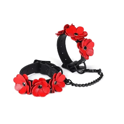 Наручники Liebe Seele Flower Rhythm - Black and Red Leather Flowers Hand Cuffs (м'яте паковання)