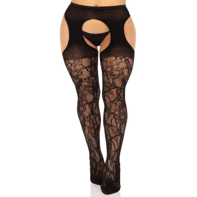 Стрип-колготки Leg Avenue Eyelet lace suspender hose, One Size, чорні, ажурні, з відкритим доступом