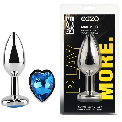 Анальная пробка EGZO Silver Heart Plug Blue S из медицинской стали с синим кристаллом-сердцем