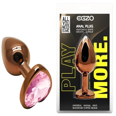 Анальная пробка EGZO Dark Gold Heart Plug Pink S с розовым кристаллом, металлическая
