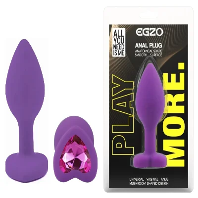 Анальная пробка EGZO Silicone Violet Heart Plug S, фиолетовая, с красным кристаллом