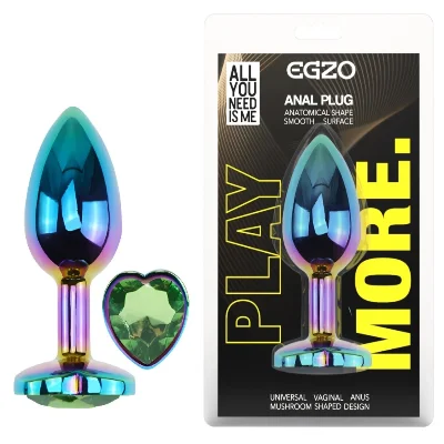 Анальная пробка EGZO Multicolor Heart Plug S из стали, с кристаллом, анатомической формы, 7 см