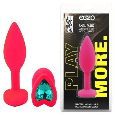 Анальная пробка EGZO Pink Heart Plug S с бирюзовым кристаллом, розовая из медицинского силикона