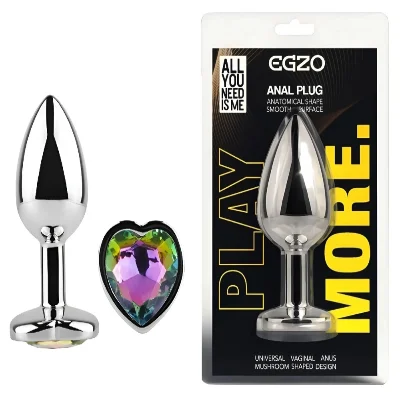 Анальная пробка EGZO Silver Heart Plug S из медицинской стали с радужным кристаллом-сердцем