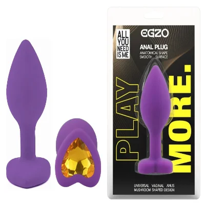 Анальная пробка EGZO Silicone Violet Heart Plug S, фиолетовая, радужный кристалл