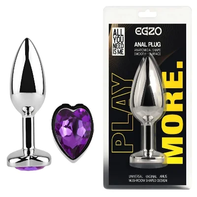 Анальная пробка EGZO Silver Heart Plug M, металлическая, с фиолетовым кристаллом
