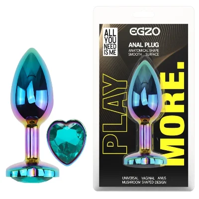 Анальная пробка Egzo Multicolor Heart Plug S с бирюзовым кристаллом и стальным корпусом