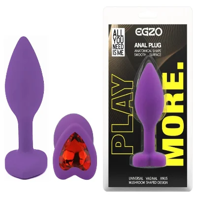 Анальная пробка EGZO Violet Heart Plug S, фиолетовая силиконовая с кристаллом