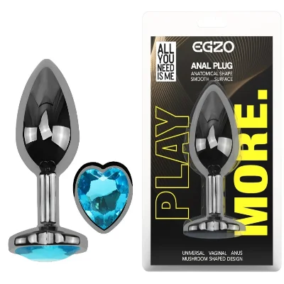 Анальная пробка EGZO Dark Silver Heart Plug Aqua M с кристаллом из медицинской стали