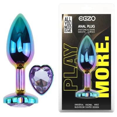 Анальная пробка EGZO Multicolor Heart Plug с аметистом, радужная, размер M