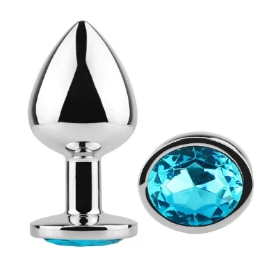 Анальная пробка EGZO Silver Round Plug Aqua S из металла с голубым кристаллом