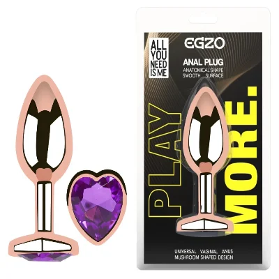 Анальная пробка металлическая EGZO Rose Gold Heart Plug S с фиолетовым кристаллом