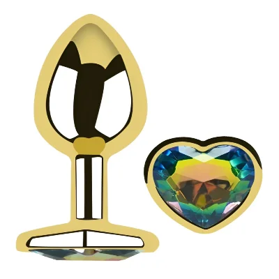 Анальная пробка EGZO Gold Heart Plug Rainbow M с радужным кристаллом для фистинга