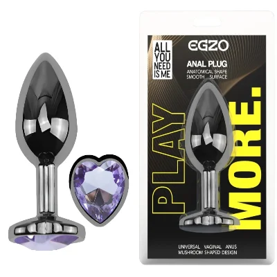 Анальная пробка EGZO Dark Silver Heart Plug с аметистовым сердцем, размер M