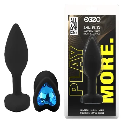 Анальная пробка EGZO Silicone Black Heart Plug S с синим кристаллом, медицинский силикон