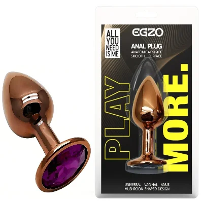 Анальная пробка EGZO Dark Gold с фиолетовым кристаллом, металлическая, размер S