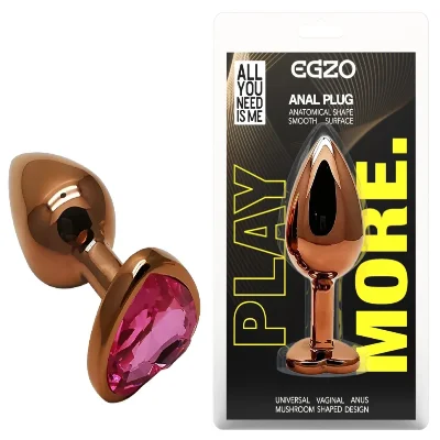 Анальная пробка EGZO Dark Gold Heart Plug Rose S, металлическая с розовым кристаллом