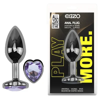 Анальная пробка EGZO Dark Silver Heart Plug с фиолетовым аметистом, размер S