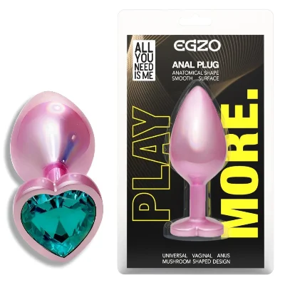 Анальная пробка EGZO Pink Perl Heart Plug S с бирюзовым кристаллом, металлическая