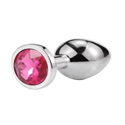 Металлическая анальная пробка Silver, pink crystal, размер М