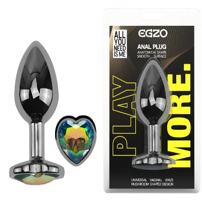 Анальная пробка EGZO Dark Silver Heart Plug Rainbow с кристаллом, металлическая, размер M