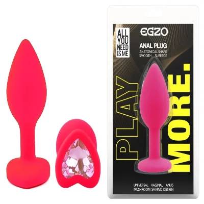 Анальный плаг EGZO Silicone Pink Heart Plug S, розовый медицинский силикон, кристалл