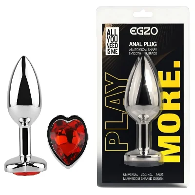 Анальная пробка EGZO Silver Heart Plug S с красным кристаллом, металлическая