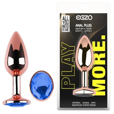 Анальная пробка EGZO Rose Gold с голубым кристаллом, металлическая, размер S