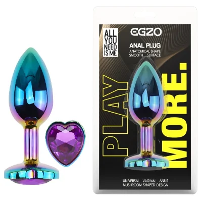Анальная пробка EGZO Multicolor Heart металлическая с кристаллом, радужная, размер S