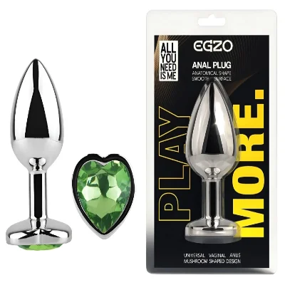 Анальная пробка EGZO Silver Heart Plug M из медицинской стали с зеленым кристаллом в форме сердца