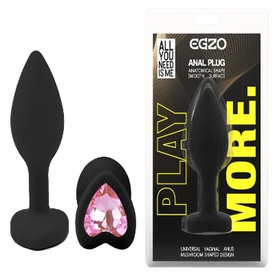 Анальная пробка EGZO Black Heart Plug S, черная силиконовая с розовым кристаллом