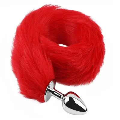 Анальная пробка EGZO Fox Tail Silver Plug S Red, металлическая, с красным меховым хвостом