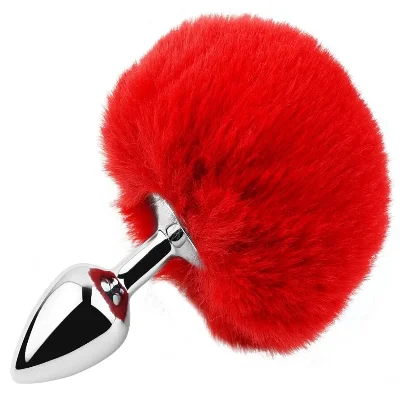 Анальная пробка с хвостиком EGZO Bunny Tail Silver Plug Red, красная, размер S