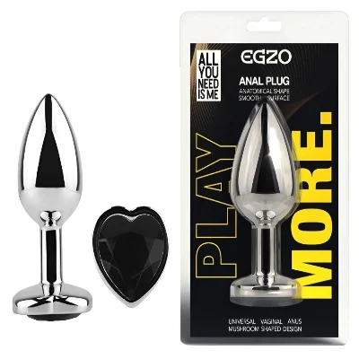 Анальная пробка EGZO Silver Heart Plug Black S металлическая серебристая с кристаллом