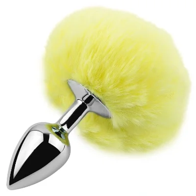 Анальная пробка с пушистым хвостиком EGZO Bunny Tail Silver Plug Yellow, размер S