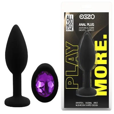 Анальная пробка EGZO Silicone Black с фиолетовым кристаллом, черная, размер S