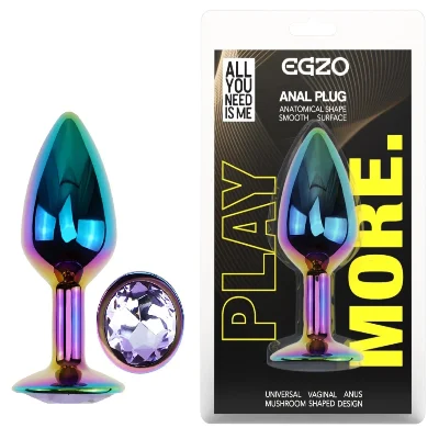 Анальная пробка EGZO Multicolor Round Plug Amethyst S с кристаллом, металлическая