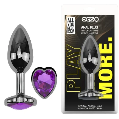 Анальная пробка EGZO Dark Silver Heart Plug Purple M — нержавеющая сталь, фиолетовый кристалл