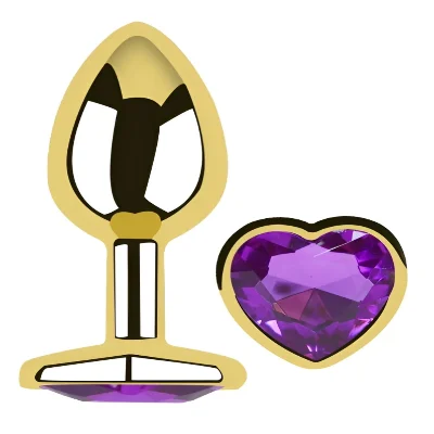 Анальная пробка Egzo Gold Heart с фиолетовым кристаллом и сердцем, размер M