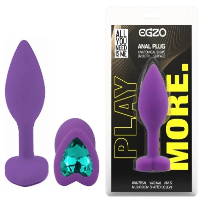 Анальная пробка EGZO Violet Heart Plug S с розовым кристаллом, фиолетовый силикон