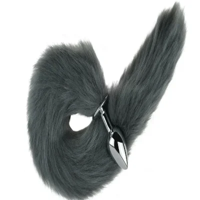 Анальная пробка с хвостом EGZO - Fox Tail Silver Plug Light Gray, size S