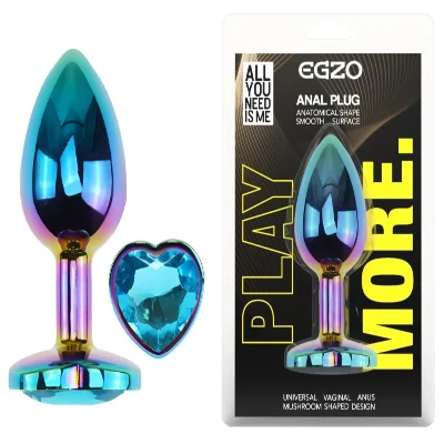 Анальная пробка EGZO Multicolor Heart Plug M с голубым кристаллом, металлическая