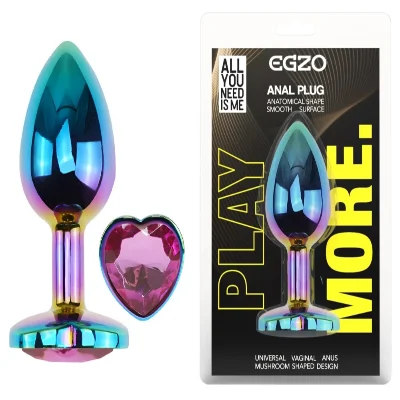 Анальная пробка EGZO Multicolor Heart Plug M с розовым кристаллом, радужная сталь