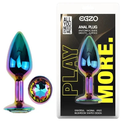 Анальная пробка EGZO MMR-04S Rainbow S с кристаллом, радужная металлическая, гладкая