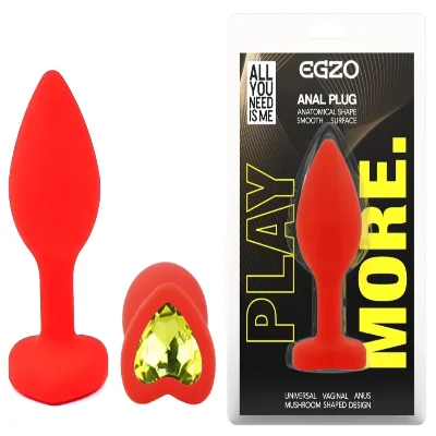 Анальная пробка EGZO Silicone Red Heart Plug S, красная, с синим сердцем