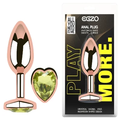 Анальная пробка EGZO Rose Gold Heart Plug M с лаймовым кристаллом из стали