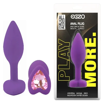Анальная пробка EGZO Silicone Heart Plug S фиолетовая с жёлтым кристаллом