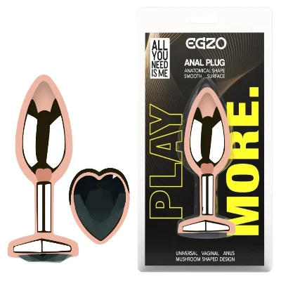 Анальная пробка EGZO Rose Gold Heart Plug с черным сердечком, металлическая, размер S, с кристаллом