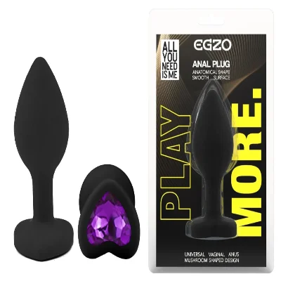 Анальная пробка EGZO Black Heart Plug S с фиолетовым кристаллом, медицинский силикон