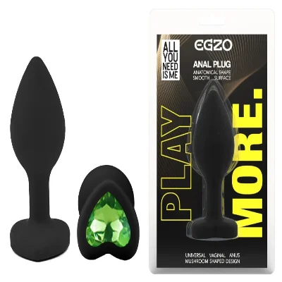 Анальная пробка EGZO Silicone Black Heart Plug S, черная силиконовая с зеленым кристаллом